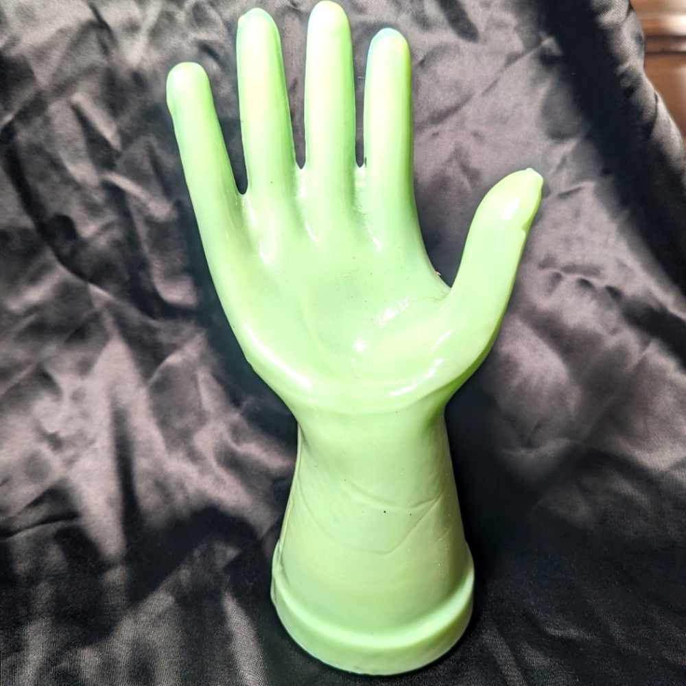 Vintage Jadeite glass jewelry holder hand